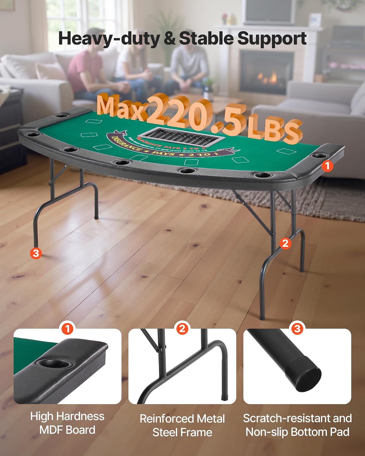 VEVOR Foldable Poker Table, 7 Player 72 in Folding Casino Leisure Table with Padded Rails & Cup Holders, Semi-Oval Portable Game Tables with Felt & Metal Legs, for Texas Hold'em Game and Blackjack