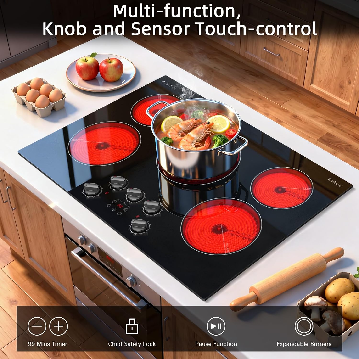 Karinear Electric Cooktop 30 Inch, 5 Burner Radiant Cooktop with Knob & Touch Control, 8500W 240V Built-in Stove Top, 9 Power Levels, Timer, Child Lock, Pause, Residual Heat Indicator(Black Knob)