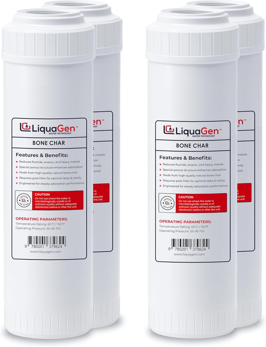 LiquaGen Bone Char Water Filter Replacement Cartridge – Helps Reduce Fluoride – Universal Refillable Filter for Whole House & Drinking Water – 2.5x10, 2.5x20, 4.5x10, 4.5x20 (4, 2.5' x 10')