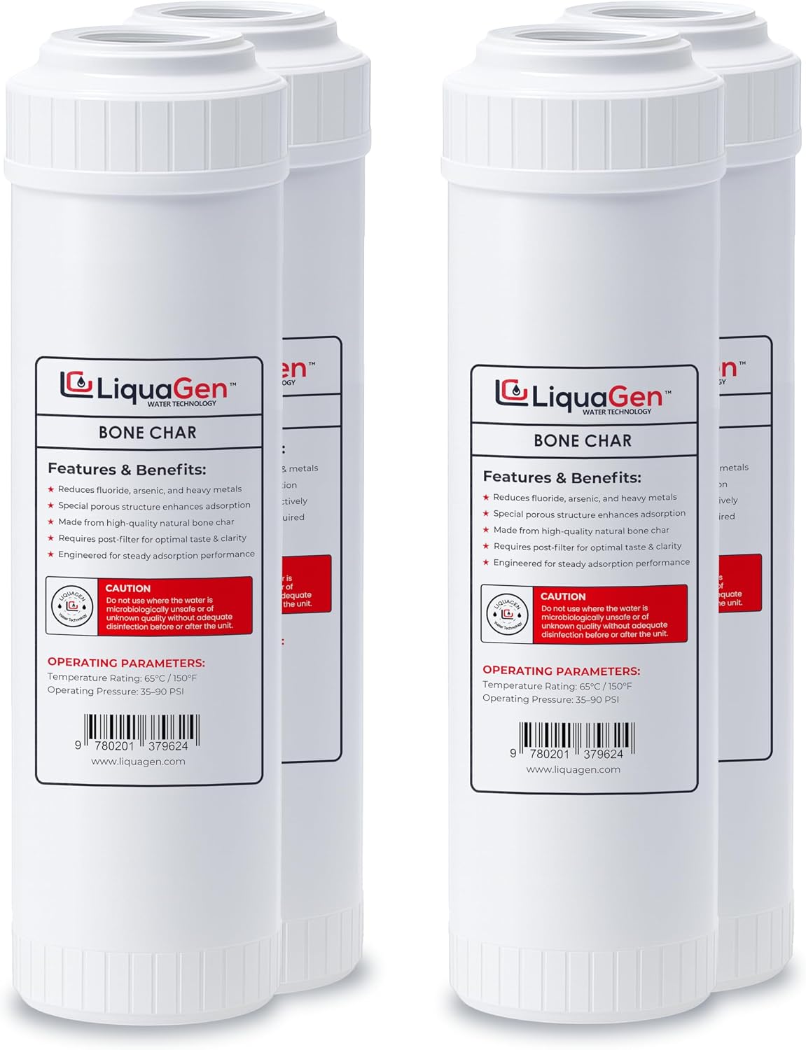 LiquaGen Bone Char Water Filter Replacement Cartridge – Helps Reduce Fluoride – Universal Refillable Filter for Whole House & Drinking Water – 2.5x10, 2.5x20, 4.5x10, 4.5x20 (4, 2.5' x 10')