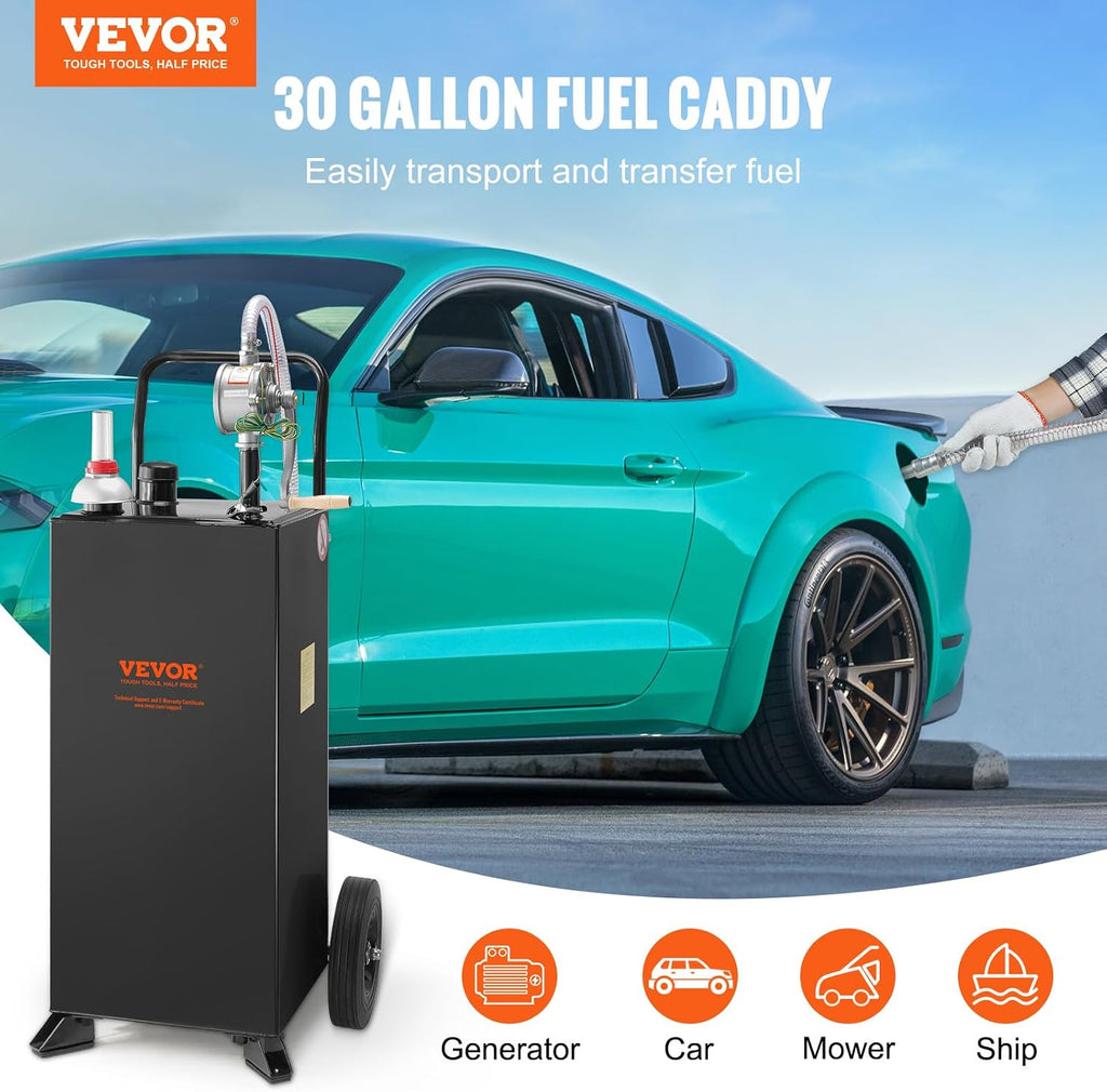 VEVOR 30 Gallon Gas Caddy - Portable Fuel Storage Tank with 2 Wheels & Manual Transfer Pump, Diesel & Gasoline Fuel Container for Cars, Lawn Mowers, ATVs, Boats, Black