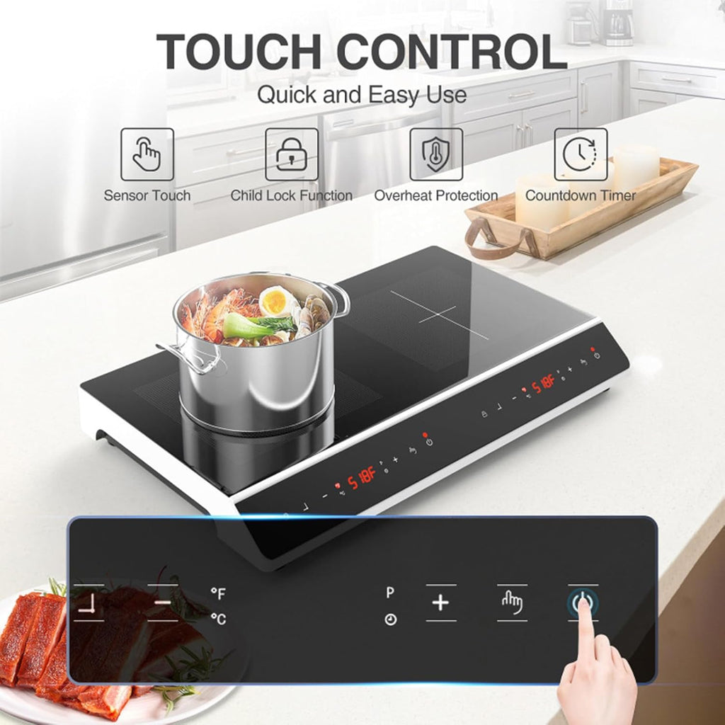 Desktop Double-Head Induction Cooker, 24'' Induction Cooktop with 2 Burners With Led Touch Screen With Child Safety Lock and Timer
