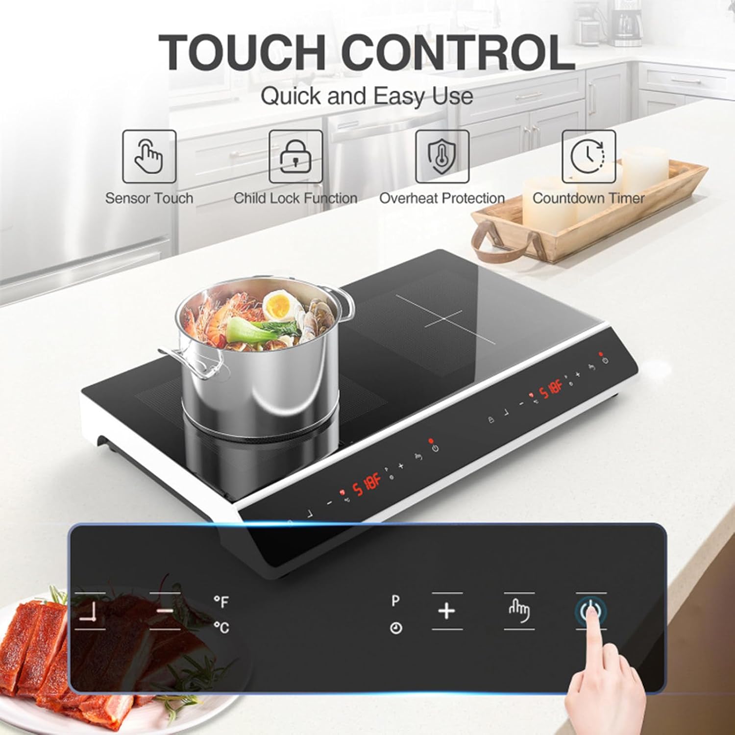 Desktop Double-Head Induction Cooker, 24'' Induction Cooktop with 2 Burners With Led Touch Screen With Child Safety Lock and Timer