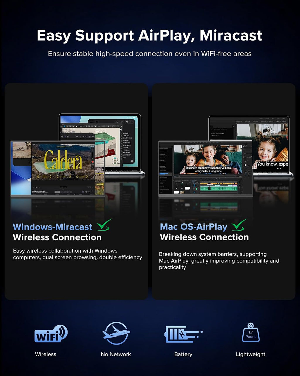 Wireless Portable Monitor with 8000mAh Battery, 15.6' Wireless Monitor, Support AirPlay, Miracast Laptop Display, USB-C & MINI HDMI & VESA, Travel Second Screen for Laptop, Computer, Game Consoles