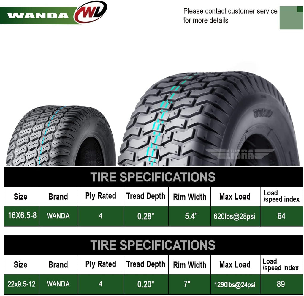 WANDA Set 4 16X6.5-8 & 22X9.5-12 Lawn Mower Tractor Cart Turf Tires 4 Ply-13019/13135