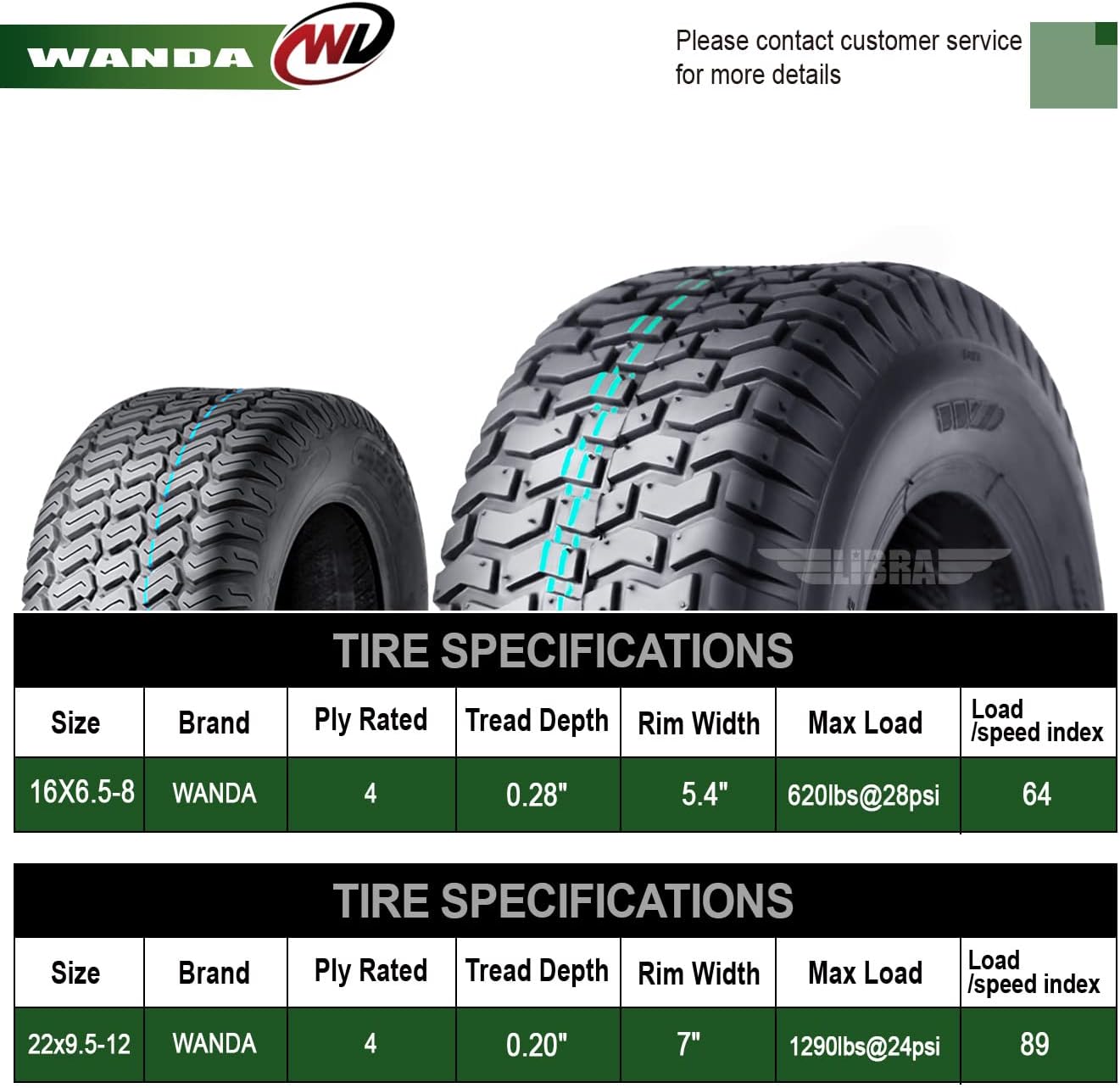 WANDA Set 4 16X6.5-8 & 22X9.5-12 Lawn Mower Tractor Cart Turf Tires 4 Ply-13019/13135