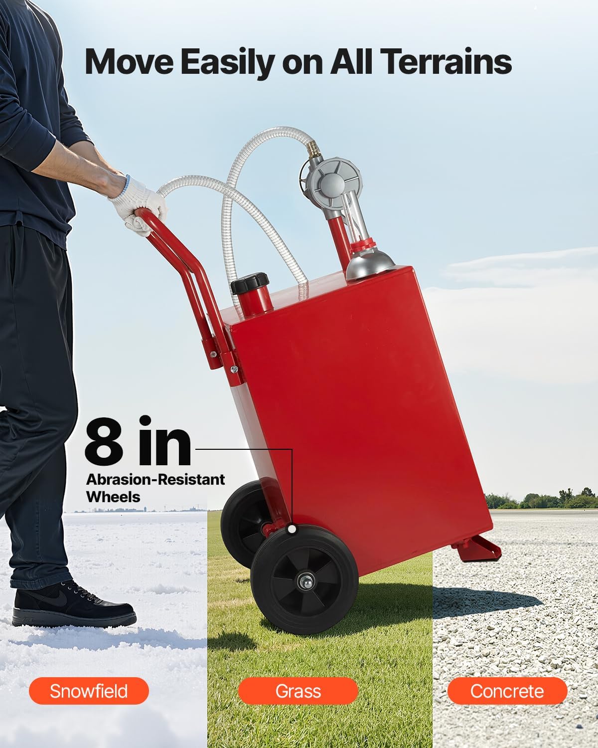 VEVOR 20 Gallon Transfer Tank, Diesel Tank with Manual Transfer Pump, Diesel Storage Tank with 2 Wheels & 10 ft Hose, Transfer Container for Cars, Lawn Mowers, ATVs, Boats, More, Red