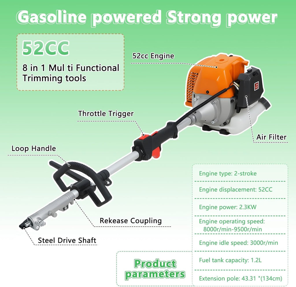 9 in 1 Gas Hedge Trimmer,Weed Eater Gas Powered Multi-Functional Trimming Tool 52CC 2-Cycle Weed Eater Wacker String Trimmer Brush Cutter Edger Pole Saw Weed Whacker Pruner with Extension Pole Orange