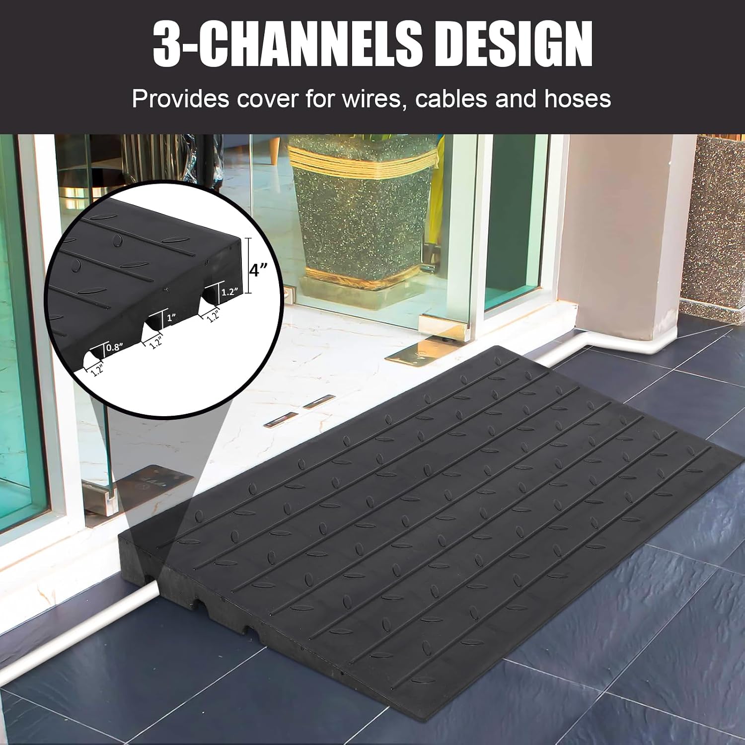 Rubber Threshold Ramp, 4' Ramp for Wheelchair, Scooter, 3 Channels Doorway Ramp, Wheelchair Ramp, Handicap Ramps for Home Entry, Driveway, Curbs, Steps with Slip-Resistant Surface, 2500 Lbs Capacity