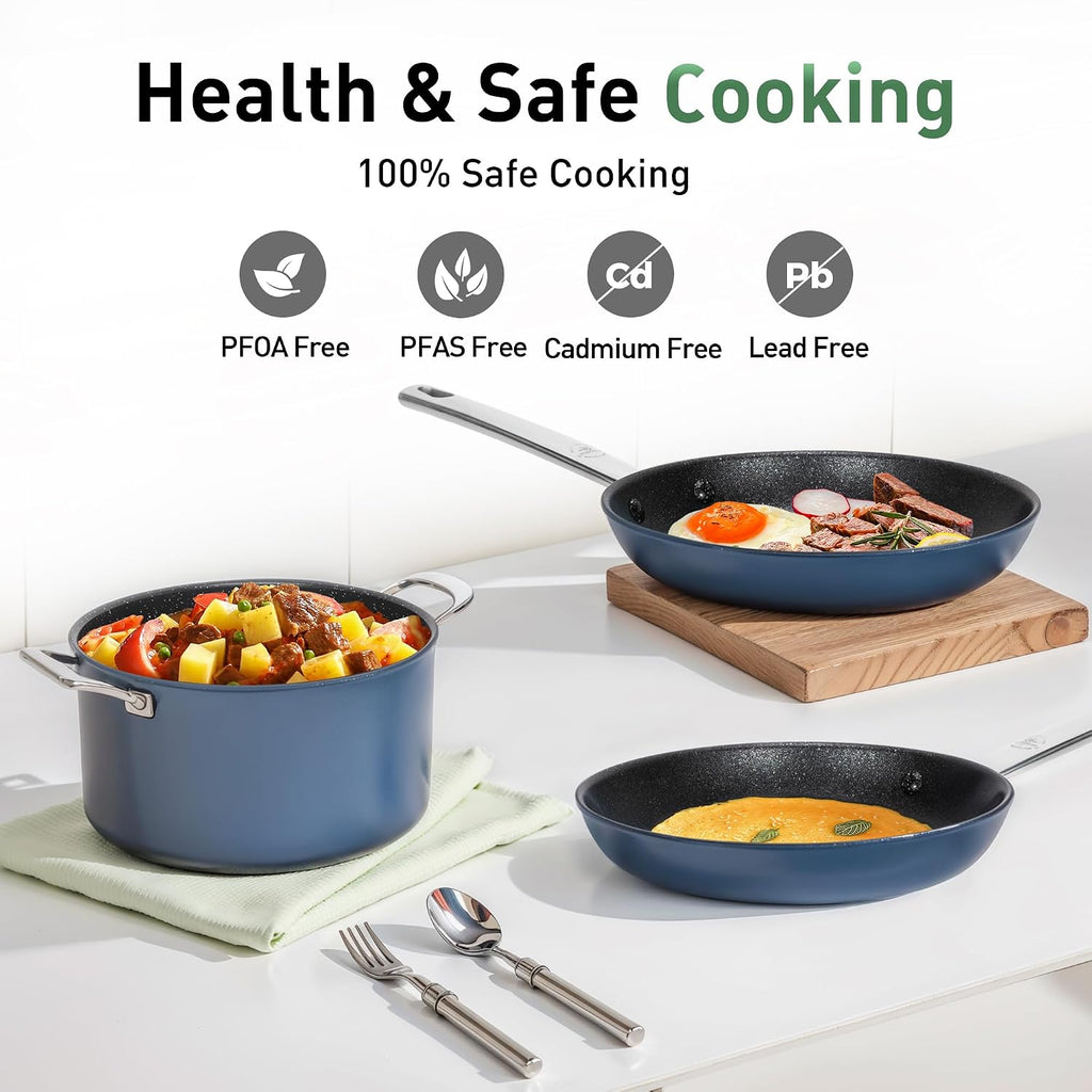 Kitchen Academy Plasma Titanium Ceramic Nonstick Cookware Set - 6 Piece Induction Pots and Pans Set Non Stick, Blue Healthy Non Toxic Cooking Ware Set with Scratch Defense Technology, PFOA&PFOS Free