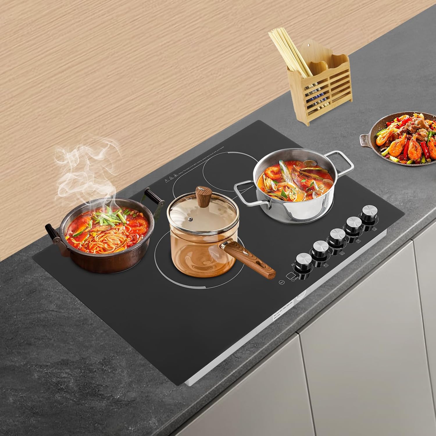 Electric Ceramic Cooktop 4 Burners, 110V Electric Stove Top Firepower Gears Adjustable with LED Display&Child Safety Lock, for Kitchen Hotel Restaurant (4-Burners, C53-M)