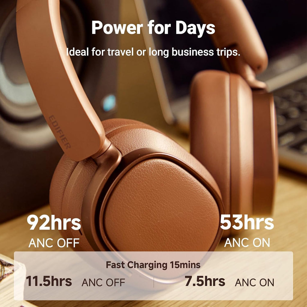 Edifier Active Noise Cancelling Headphones, Over Ear Bluetooth Headset, 92H Playtime Wired & Wireless Hi-Res Audio Certified, Fast Charging Clear Calls for Home Office Travel (Brown)