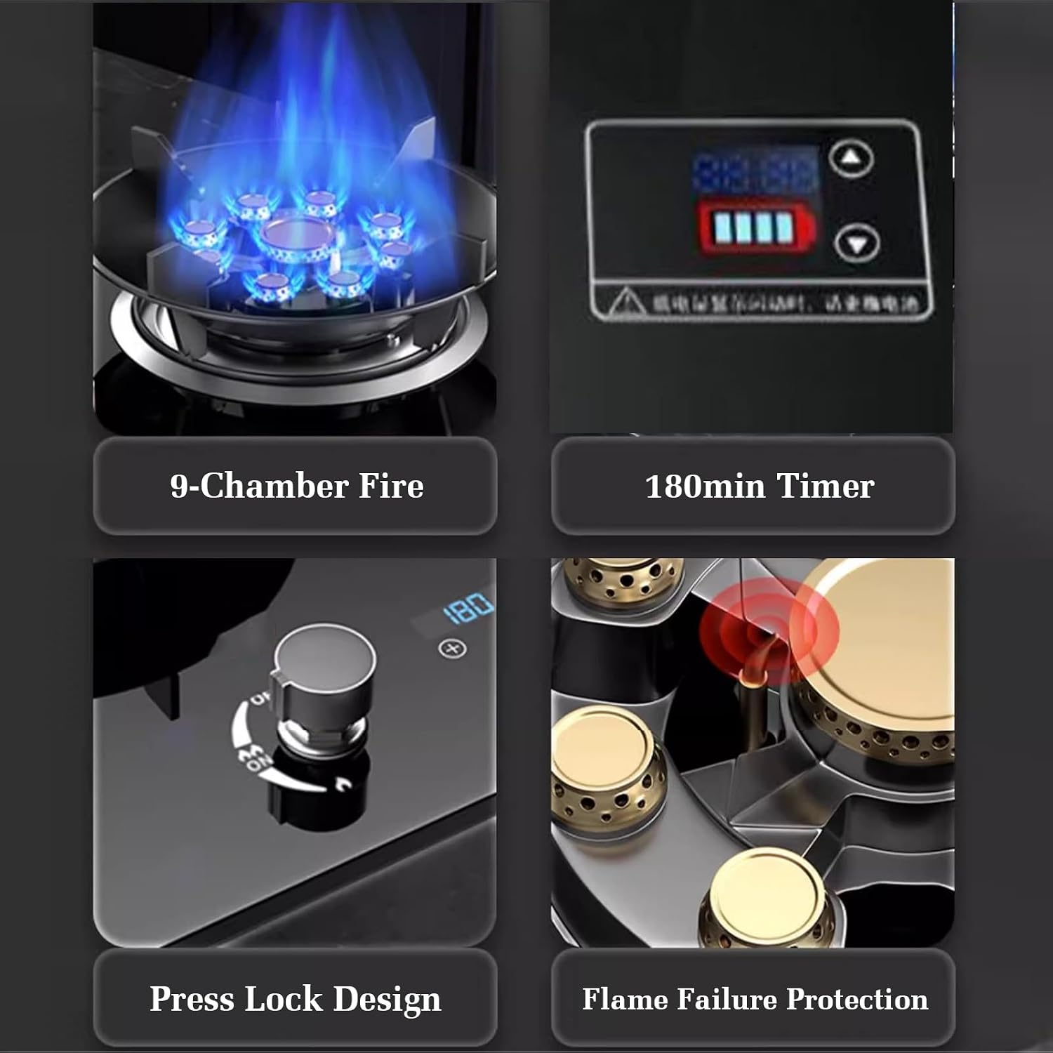 Gas Stove 43cm,Gas Cooktop 1 Burner,7.2KW Nine-Cavity High-fire Timer,Gas/LP Gas Conversion,with Flame Out Protection,for Home Kitchens(LPG)