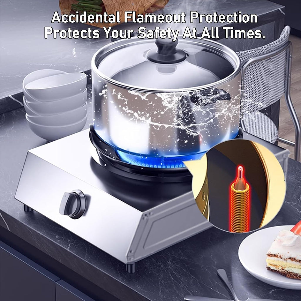 Single-burner Gas Stove,low-pressure Double-ring Nozzle Stainless Steel Stove,desktop 5.2kw with Child Lock,suitable for Family Gatherings and Picnics(LPG)
