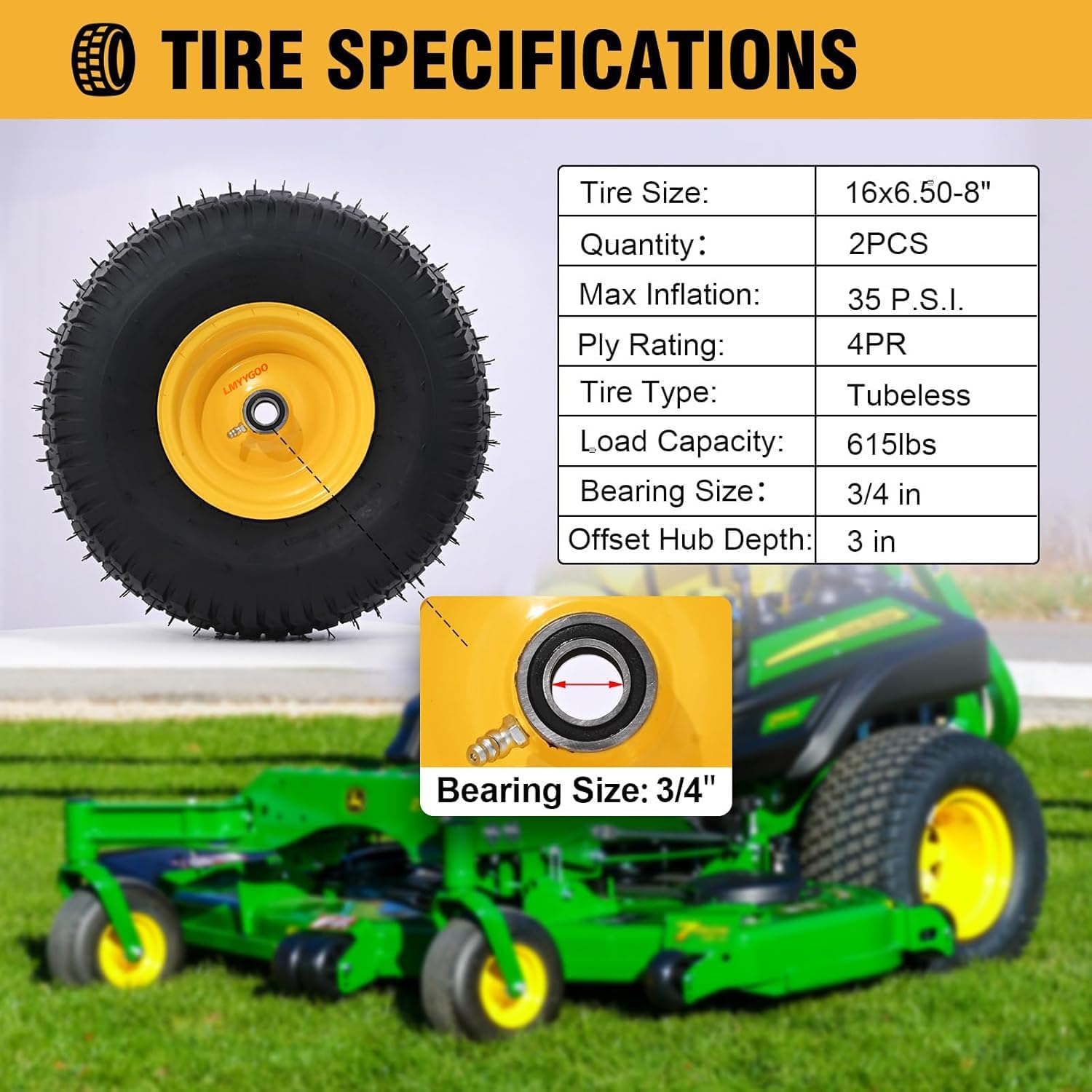 16x6.5-8 Tubeless Tire and Wheel,2 Pcs Replacement Riding Lawn Mower Garden Tractor Front Wheel Tire and Wheel with 3' Offset Hub, 3/4' Bearing or 1' Bore Bushing