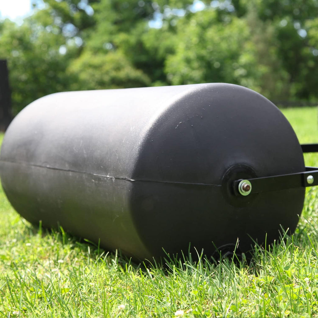 Brinly 270 lb. Combination Push/Tow Poly Lawn Roller with Easy-Turn Tethered Plug, 18 by 24' - Flat Black