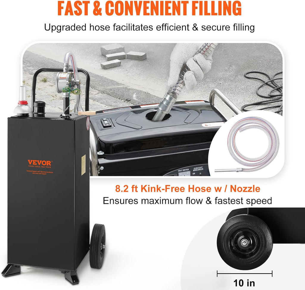 VEVOR 30 Gallon Gas Caddy - Portable Fuel Storage Tank with 2 Wheels & Manual Transfer Pump, Diesel & Gasoline Fuel Container for Cars, Lawn Mowers, ATVs, Boats, Black