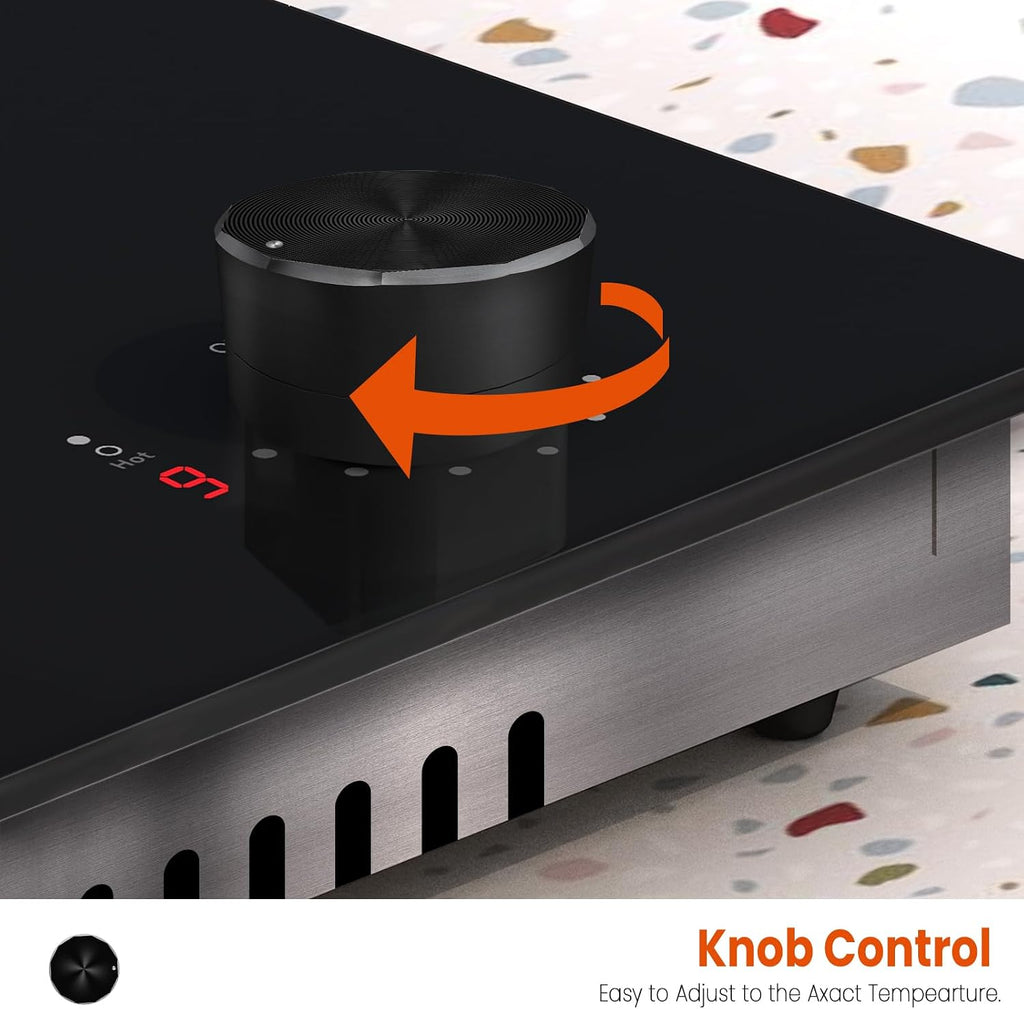 2 Burner Electric Cooktop - 12 Inch 2000W Electric Stove Built-in & Countertop, Two Burner Ceramic Cooktop with Knob Control, 9 Power Level, Over Heat Protection, 110-120V Plug in (Grey Konb)