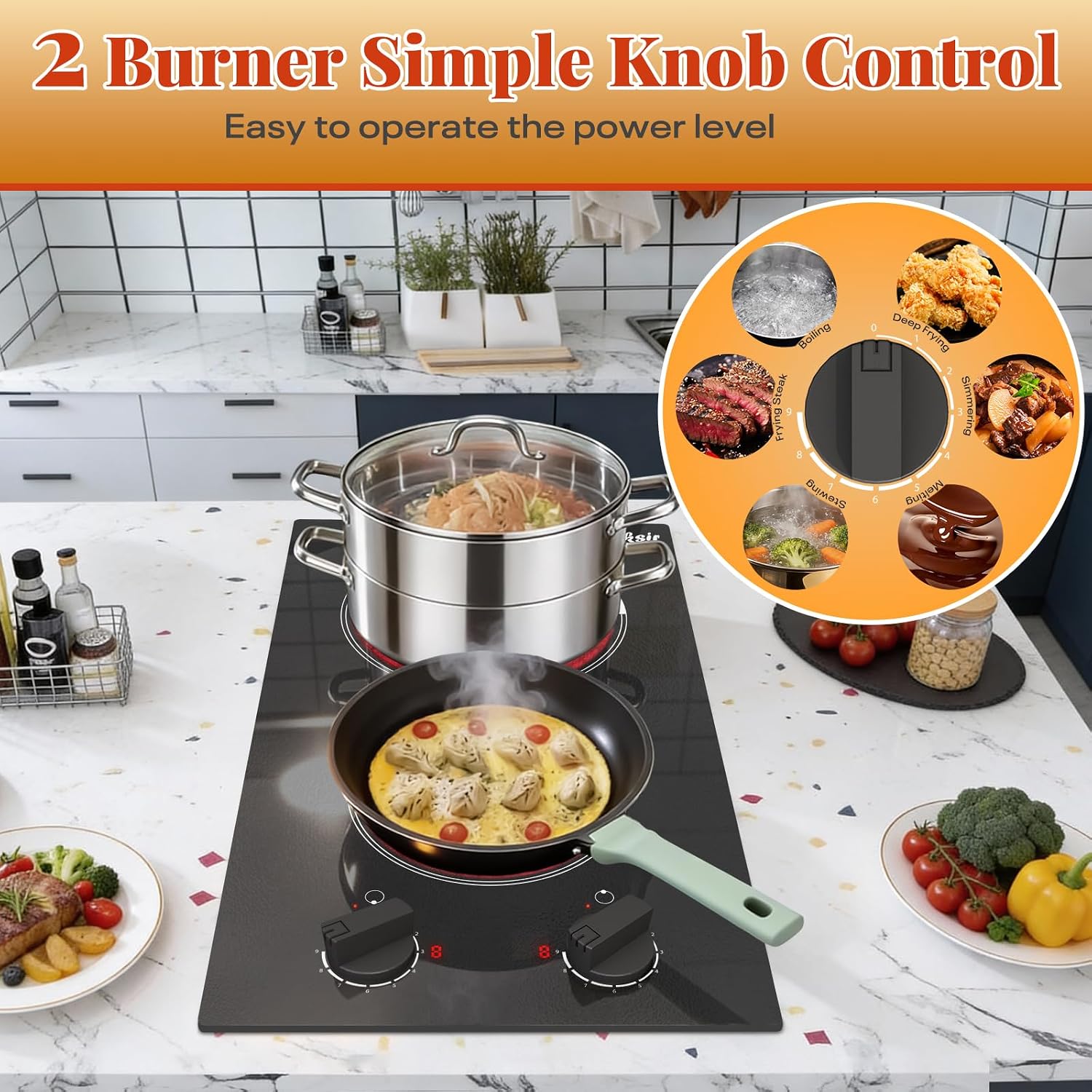 2 Burner Electric Cooktop - 110v Countertop and Built-in Electric Stove 2000W, 12 Inch Ceramic Stove with Residual Heat Indicator, Over-Temperature Protection, Knob Control, 110-120V Plug in