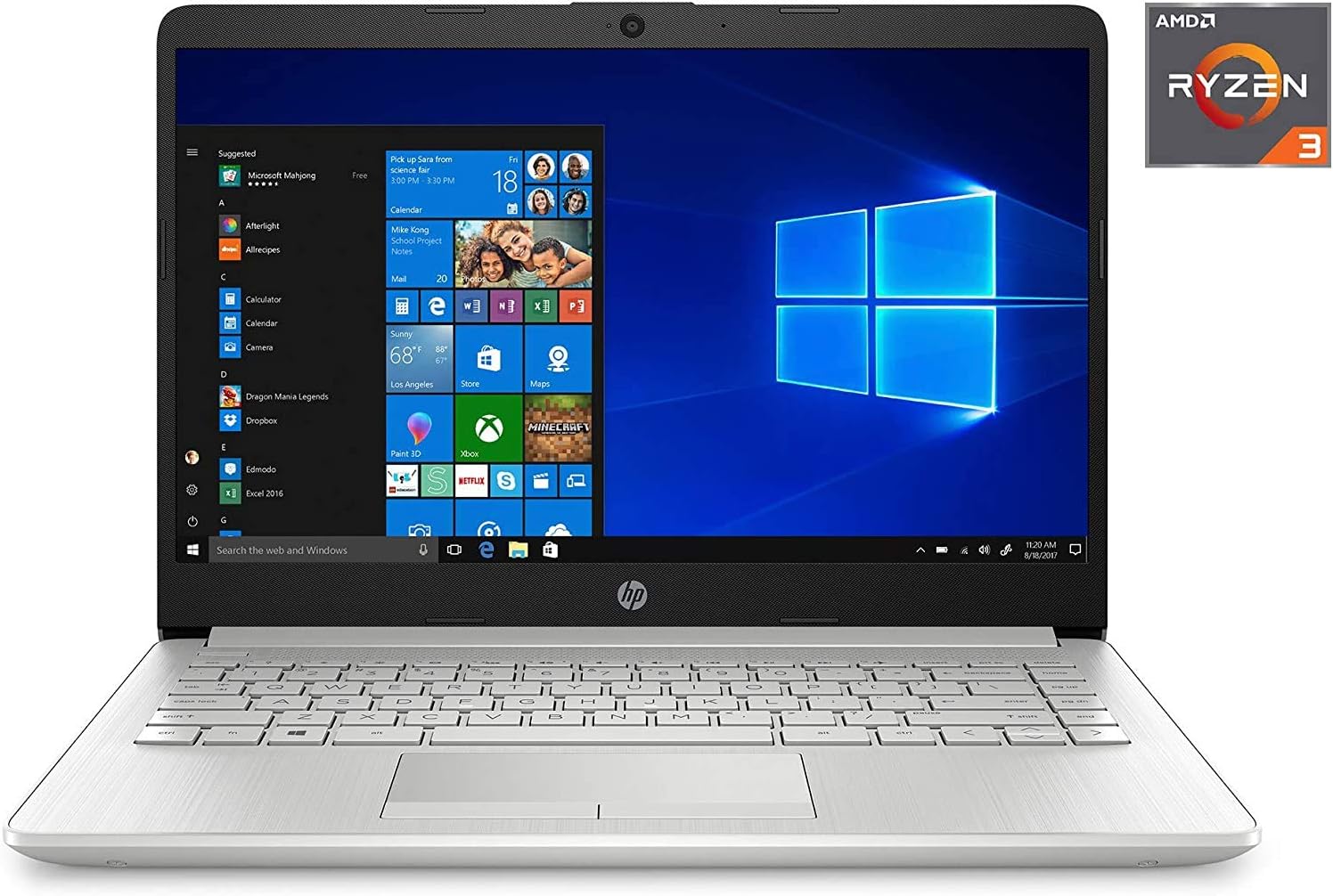 HP 14-fq0032ms Laptop for Business and Student, 14'' LED Touchscreen, AMD Ryzen 3 3250U Processor(up to 3.5 GHz), 8GB RAM, 128GB SSD, Webcam, WiFi, Ethernet, HDMI, USB-A&C, Win10, Natural Silver
