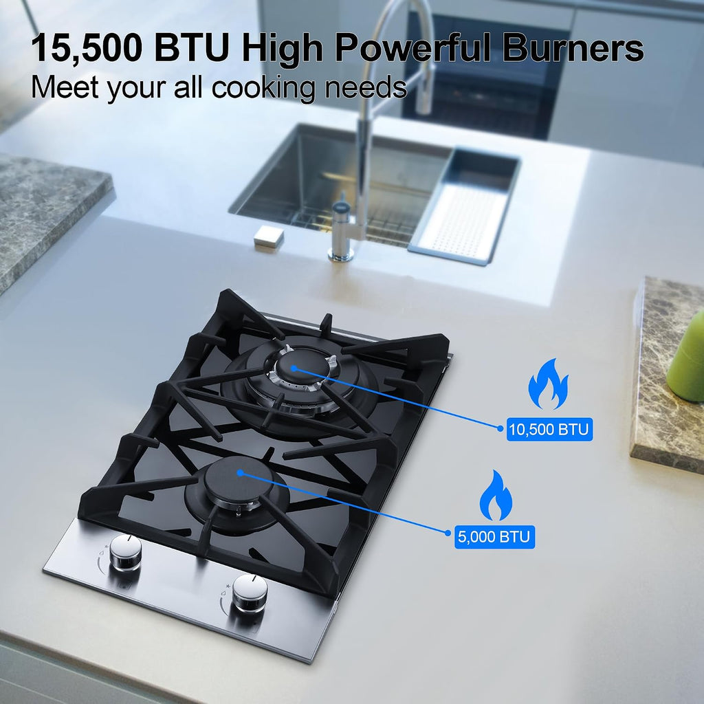 Eascookchef 2 Burner Gas Cooktop, 12 inch LPG/NG Dual Fuel Built-in Gas Stove Top, Black Tempered Glass Stove, Propane Cooktop for Apartment, Outdoor, RV, With Thermocouple Protection