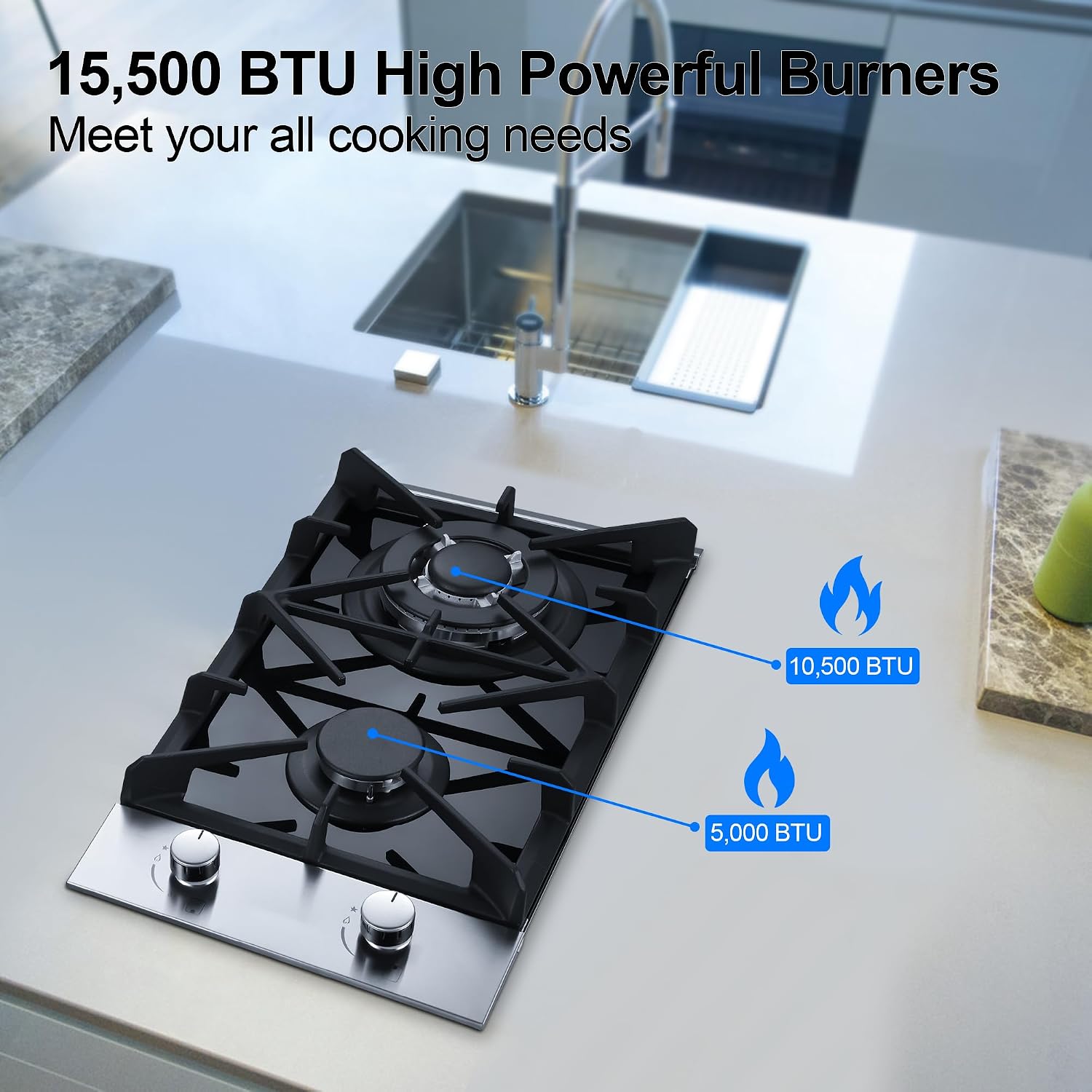 Eascookchef 2 Burner Gas Cooktop, 12 inch LPG/NG Dual Fuel Built-in Gas Stove Top, Black Tempered Glass Stove, Propane Cooktop for Apartment, Outdoor, RV, With Thermocouple Protection