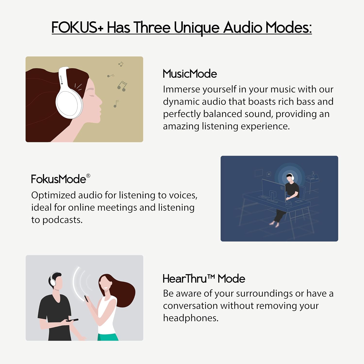 ONANOFF Fokus Plus Hybrid Active Noise Cancelling Bluetooth Headset, 50H Playtime, with Headphone Stand Wirelessly Charges Your Headphones, Removable Boom Mic, Multipoint, Home Work Travel- Dusk Grey