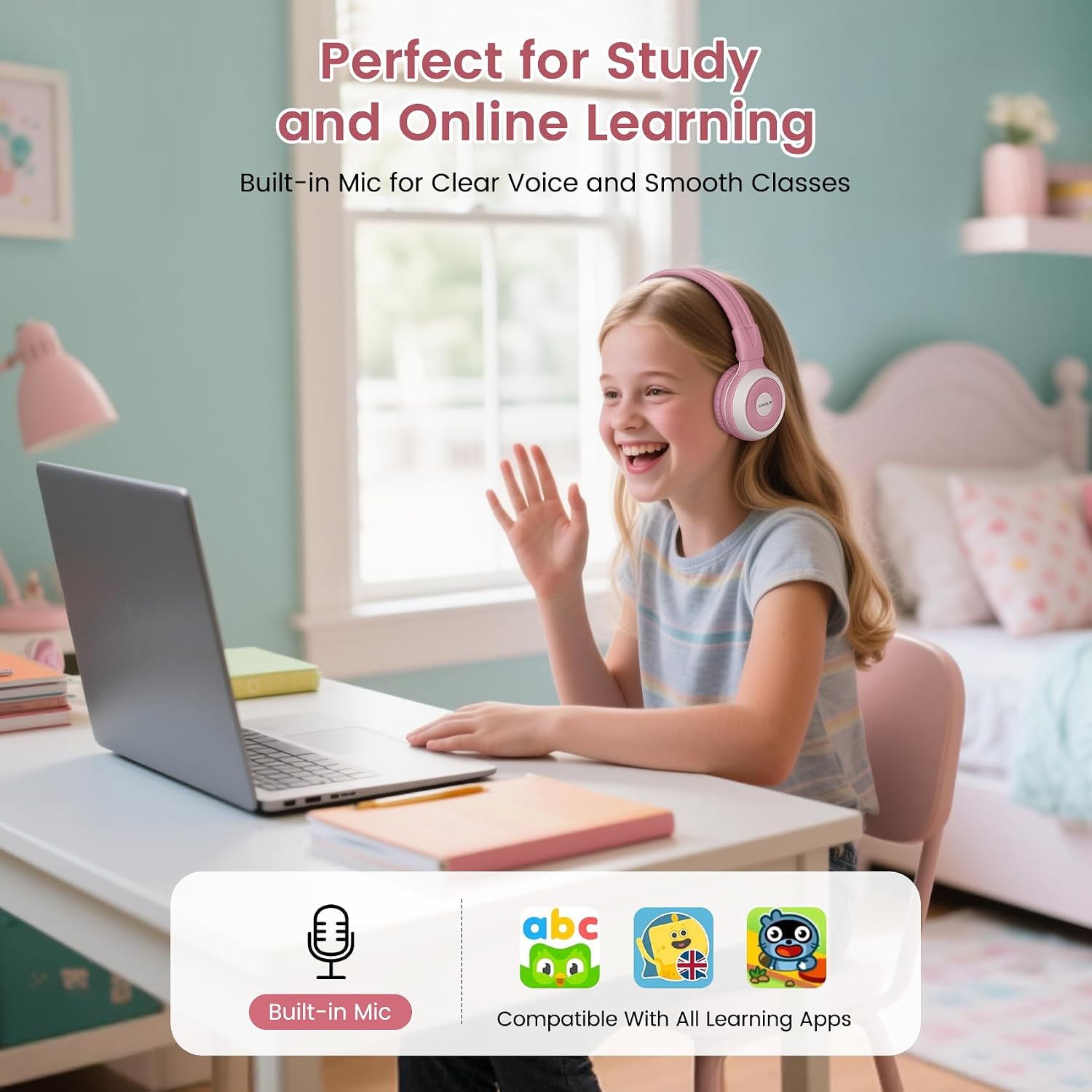 SIMOLIO Kids Wireless Bluetooth Headphones with Mic, Auracast & Volume Limiter, Share Audio, Foldable, Compact Case, Perfect for Travel, School, and Online Learning