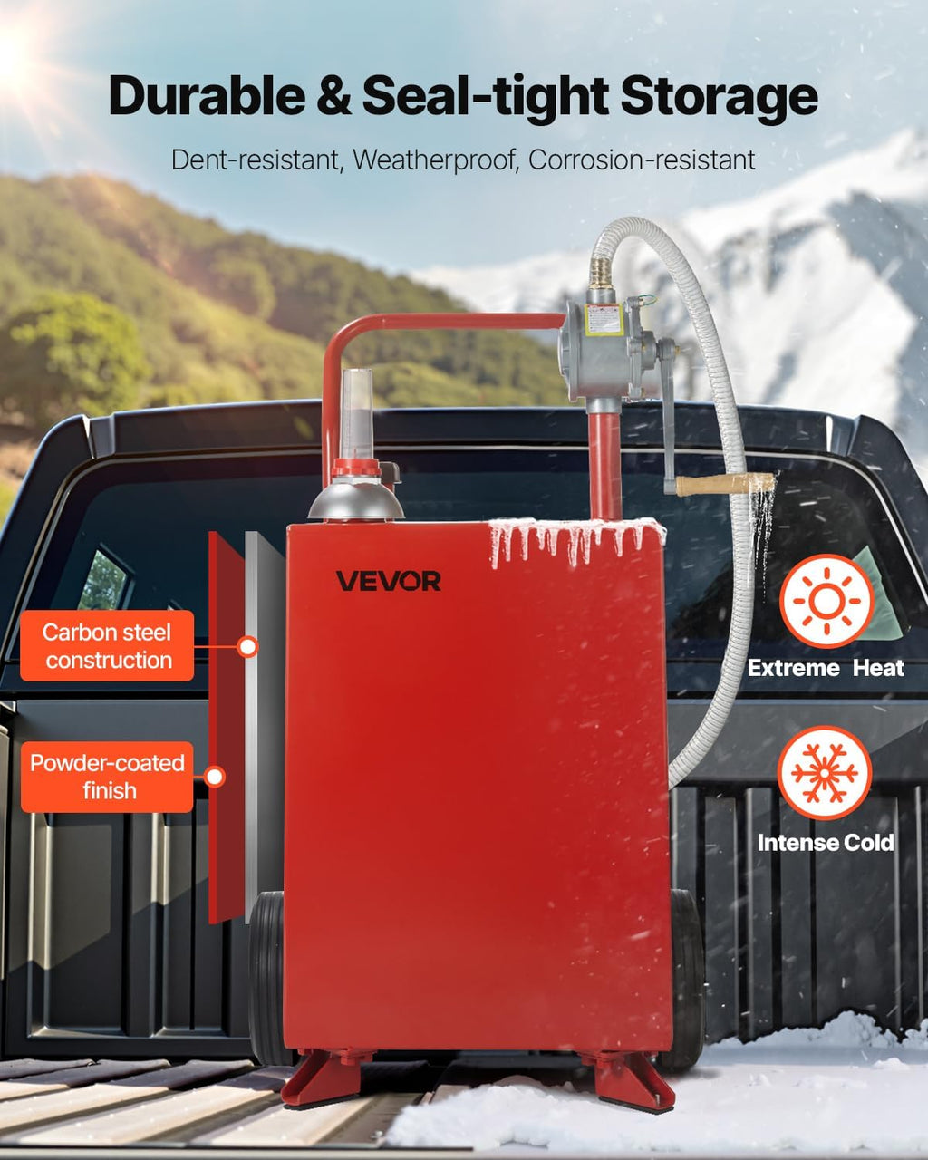 VEVOR 20 Gallon Transfer Tank, Diesel Tank with Manual Transfer Pump, Diesel Storage Tank with 2 Wheels & 10 ft Hose, Transfer Container for Cars, Lawn Mowers, ATVs, Boats, More, Red