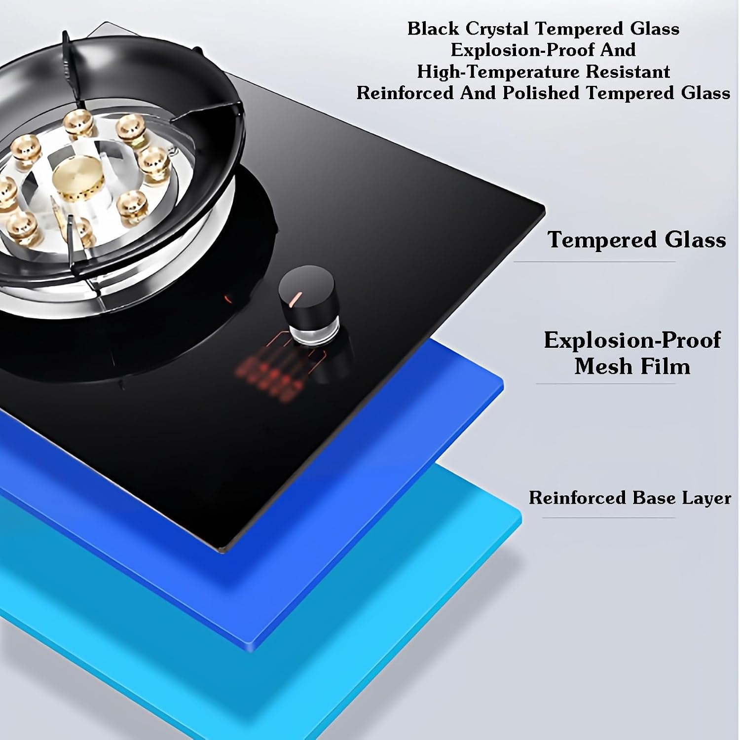 Gas Cooktop 1 Burner,Stainless Steel Countertop Stove,5.2kw 9-Cavity High-fire Timer,Black Tempered Glass,with Flameout Protection,for Home Kitchen(NG)