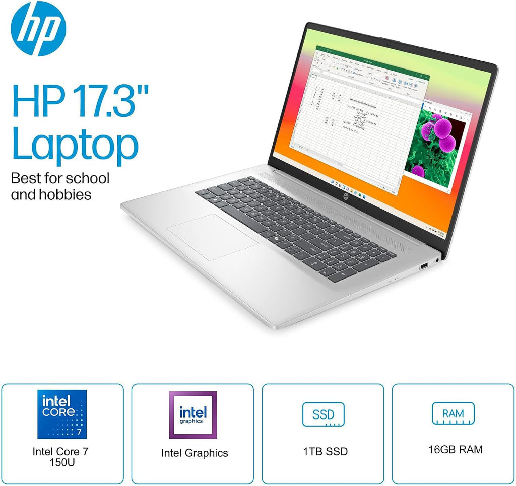 HP 17 Laptop w/Bluetooth Mouse (17.3' HD+ Touchscreen, Intel 10-Core i7 150U (> Ultra 5 125U), 16GB RAM, 1TB SSD) for Business, Home, Students, Narrow Bezel, Webcam, Fast Charge, Wi-Fi 6, Win 11 Home