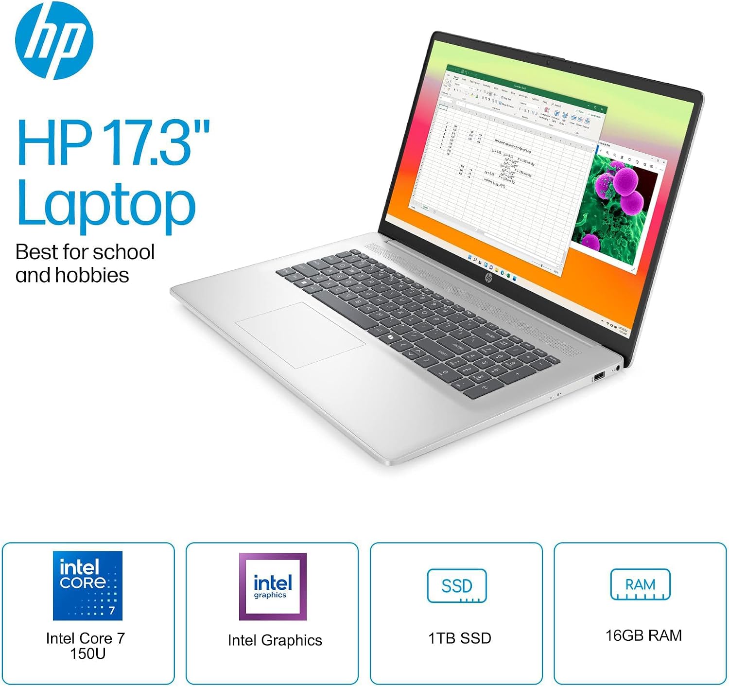 HP 17 Laptop w/Bluetooth Mouse (17.3' HD+ Touchscreen, Intel 10-Core i7 150U (> Ultra 5 125U), 16GB RAM, 1TB SSD) for Business, Home, Students, Narrow Bezel, Webcam, Fast Charge, Wi-Fi 6, Win 11 Home