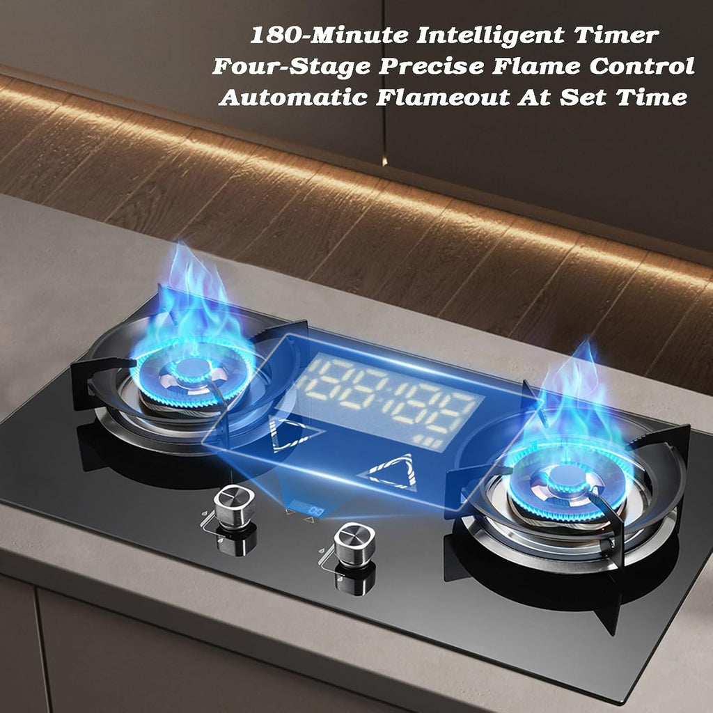 Portable Gas Stove,4.2kW Fire Ring Cooktop 2 Burners,Tempered Glass Freestanding Cooktop,Round Prevent Skidding Pot Rack,with Flameout Protection(NG)