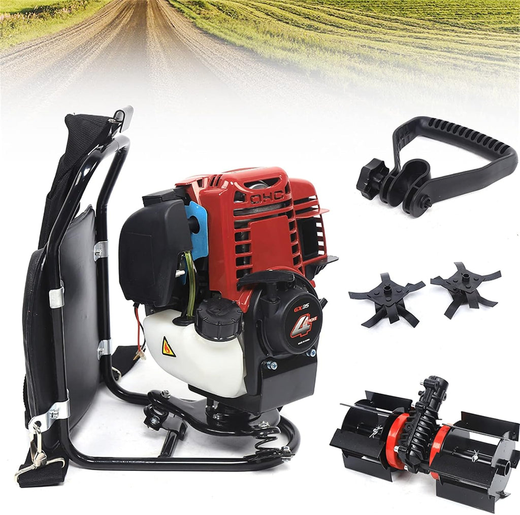 Backpack Gas Garden Brush Cutter Tiller, 3 in 1 35.4CC 4 Stroke Lawn Mower Brush Cutter Grass Hedge Trimmer, Cultivator Lawn Mower for Farmland Weeding Harvesting Clearing Ditching (4-stroke)