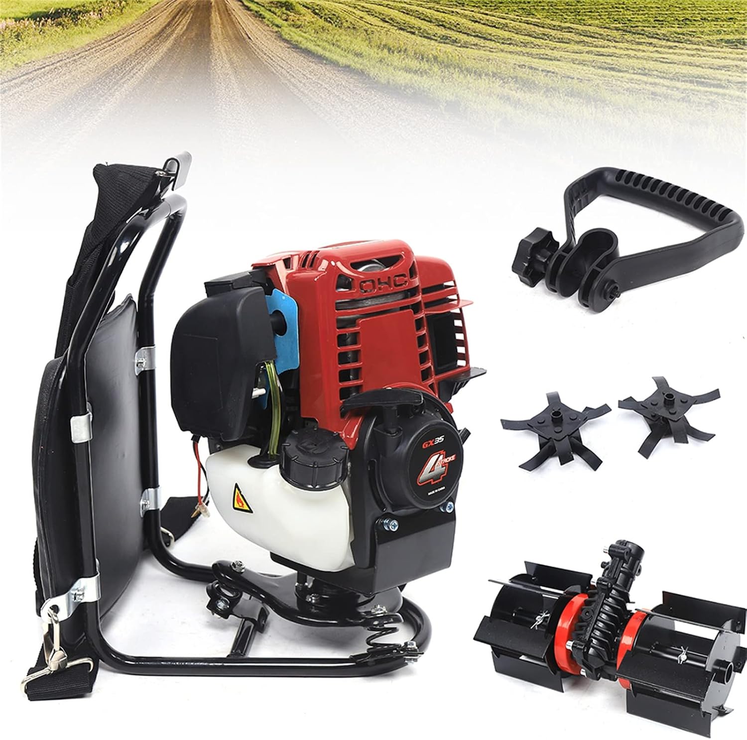 Backpack Gas Garden Brush Cutter Tiller, 3 in 1 35.4CC 4 Stroke Lawn Mower Brush Cutter Grass Hedge Trimmer, Cultivator Lawn Mower for Farmland Weeding Harvesting Clearing Ditching (4-stroke)