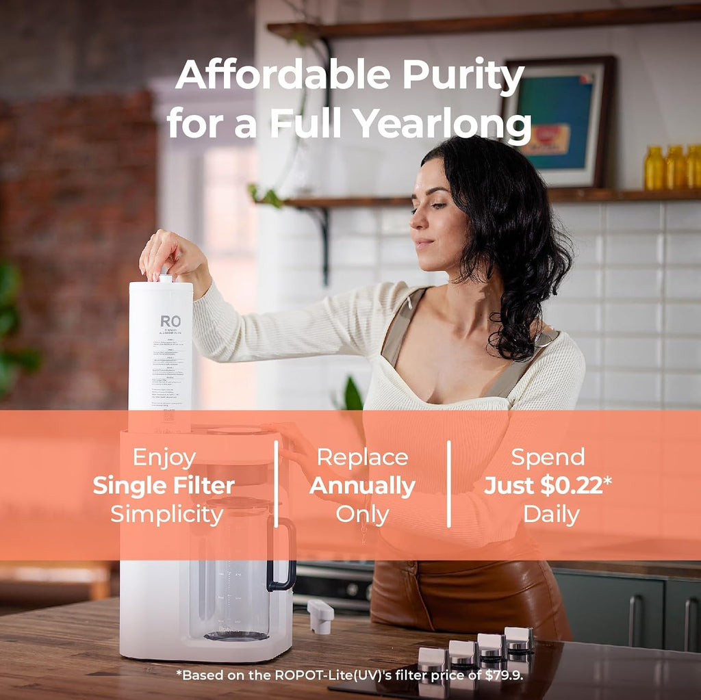 Bluevua RO100ROPOT-Lite Countertop Reverse Osmosis Water Filter System, 3:1 Pure to Drain Ratio, Portable RO Filtration with Remineralization, No Installation, WQA Certified, 7-Stage UV White
