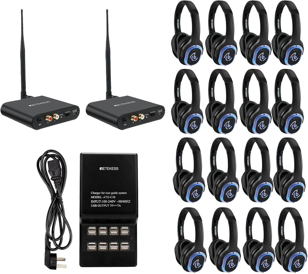 Retekess TA003 Silent Disco Headphone System, Silent Party Headphones with Charging Board,Stereo and HiFi Sound,3 Light Modes,Silent Disco Headphones for Party,Movie,School(Pack of 16)