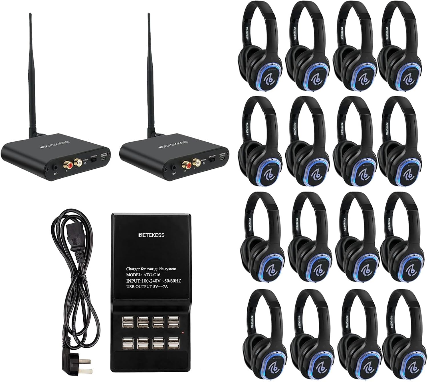 Retekess TA003 Silent Disco Headphone System, Silent Party Headphones with Charging Board,Stereo and HiFi Sound,3 Light Modes,Silent Disco Headphones for Party,Movie,School(Pack of 16)