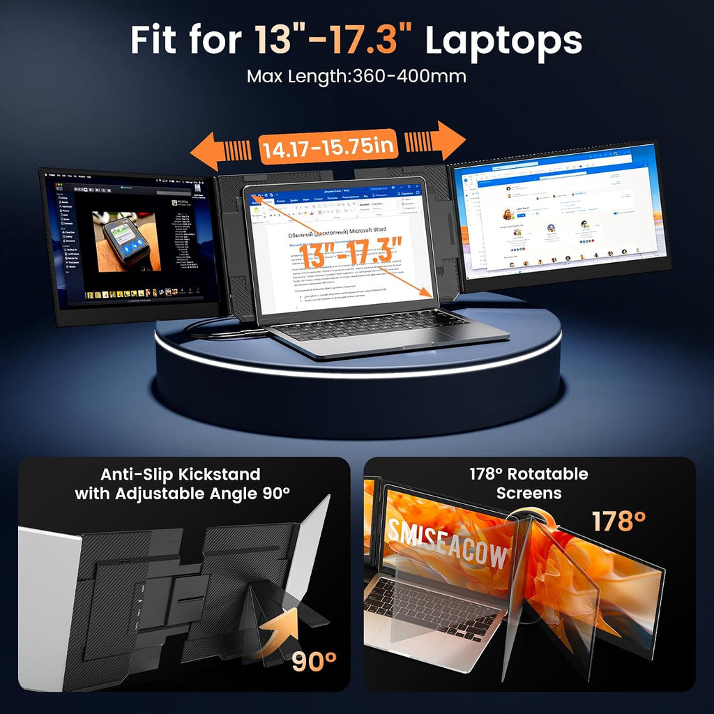SMISEACOW Triple Laptop Screen Extender 15.6', 1080P FHD IPS 0.18' Ultra-Slim & 3.9 lbs, Plug-Play Portable Triple Monitor for Laptops Fits 13-17.3' Laptops, Compatible with Win/Mac/Android