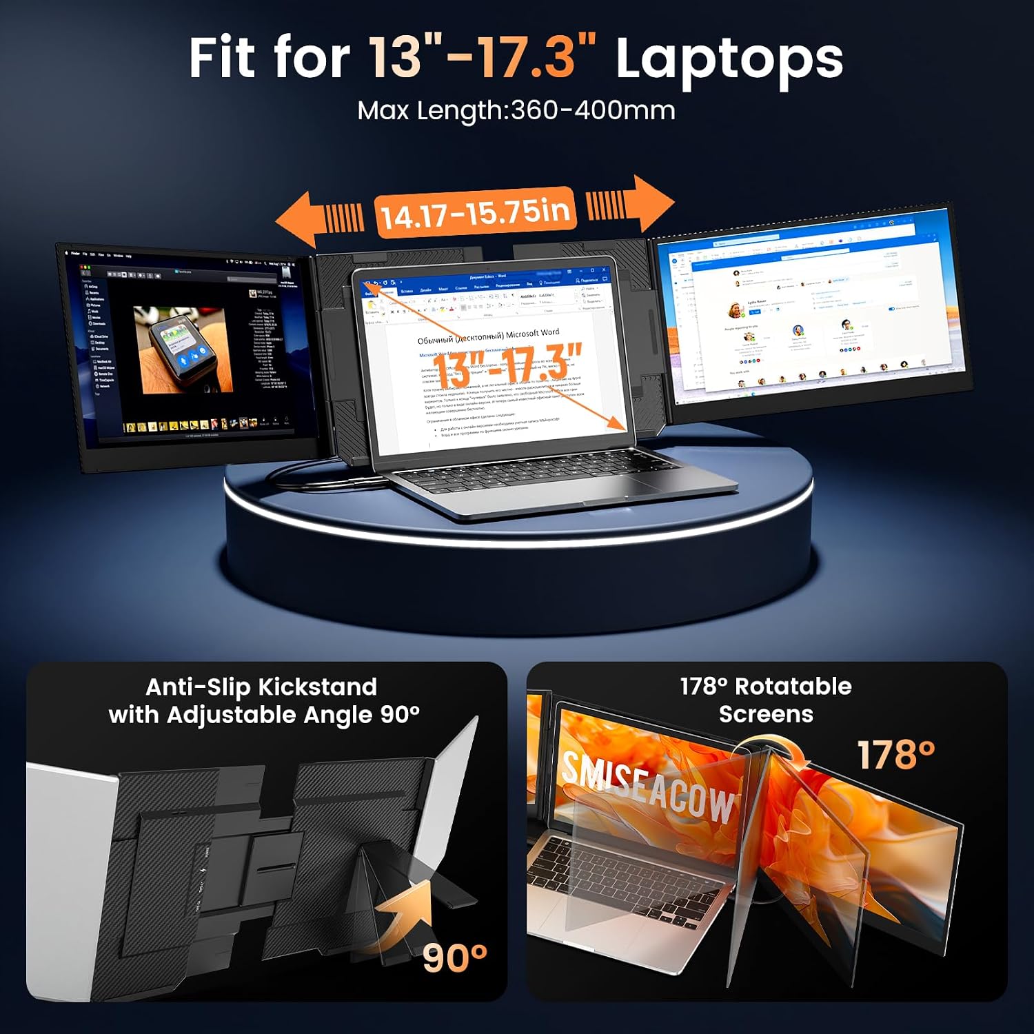 SMISEACOW Triple Laptop Screen Extender 15.6', 1080P FHD IPS 0.18' Ultra-Slim & 3.9 lbs, Plug-Play Portable Triple Monitor for Laptops Fits 13-17.3' Laptops, Compatible with Win/Mac/Android