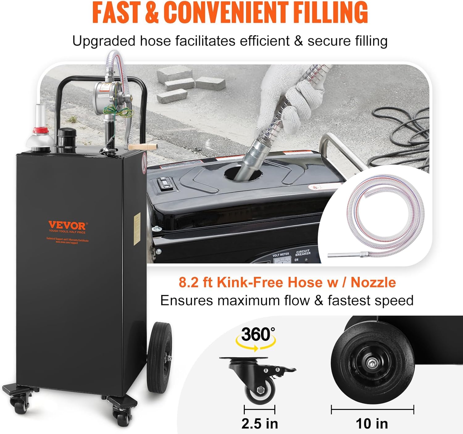 VEVOR Fuel Caddy 30 Gallon, Portable Gas Caddy Fuel Storage Tank with 4 Wheels & Manual Transfer Pump, Gasoline Diesel Fuel Container for Cars, Lawn Mowers, ATVs, Boats, Black
