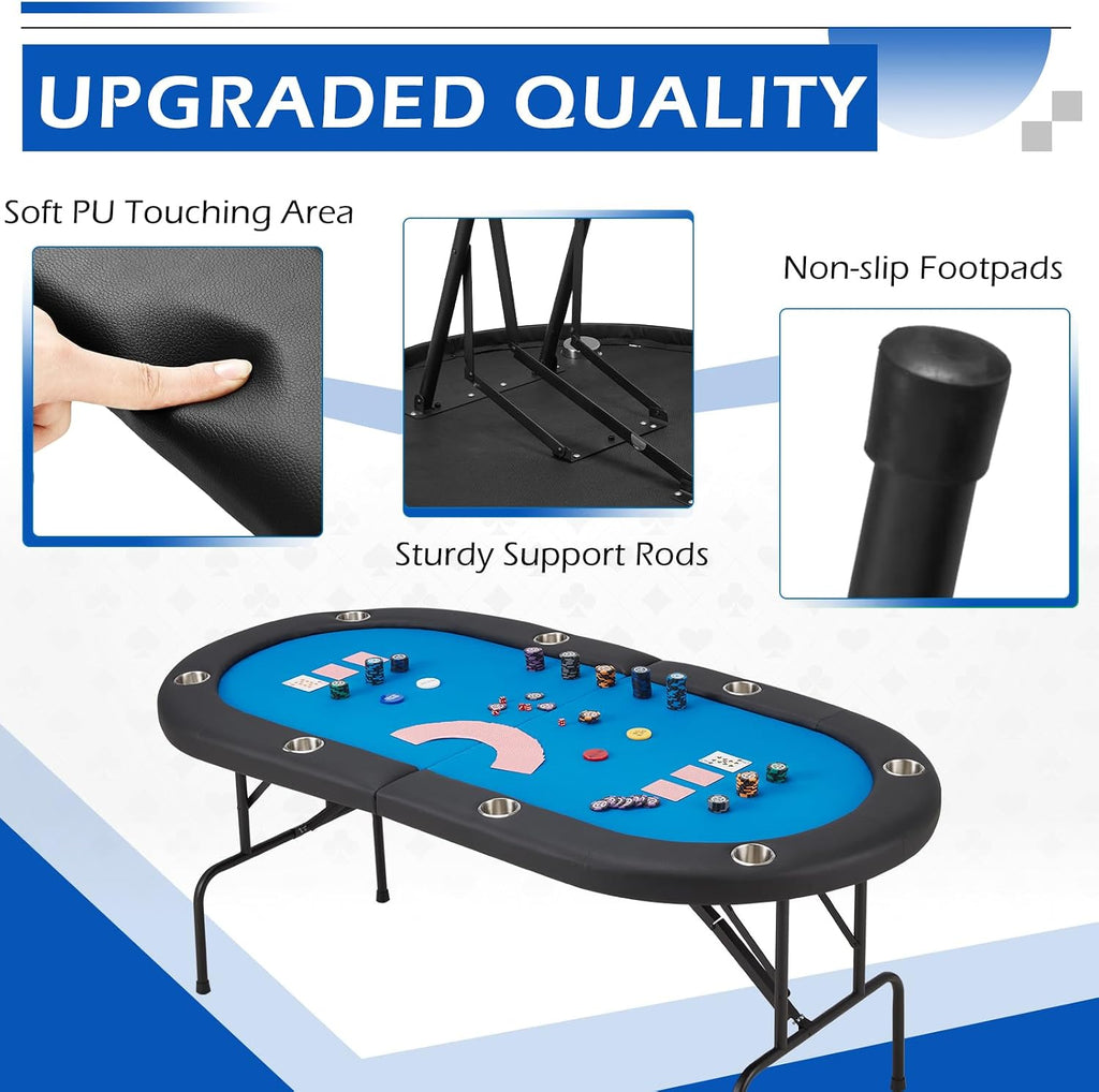 ECOTOUGE 8 Players Poker Table Foldable, Poker Gaming Table w/Portable Storage Bag & Stainless Steel Cup Holder, Folding Oval Texas Holdem Table for Blackjack, Casino Game, Fully Assembled, Blue