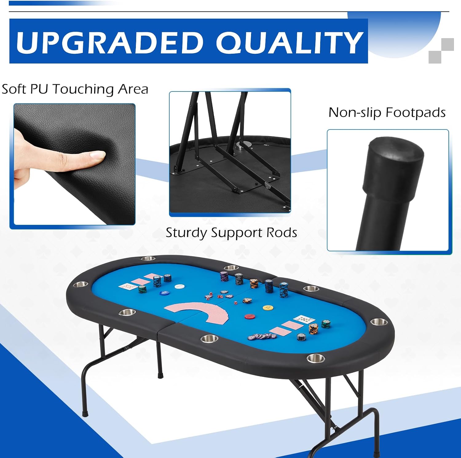 ECOTOUGE 8 Players Poker Table Foldable, Poker Gaming Table w/Portable Storage Bag & Stainless Steel Cup Holder, Folding Oval Texas Holdem Table for Blackjack, Casino Game, Fully Assembled, Blue
