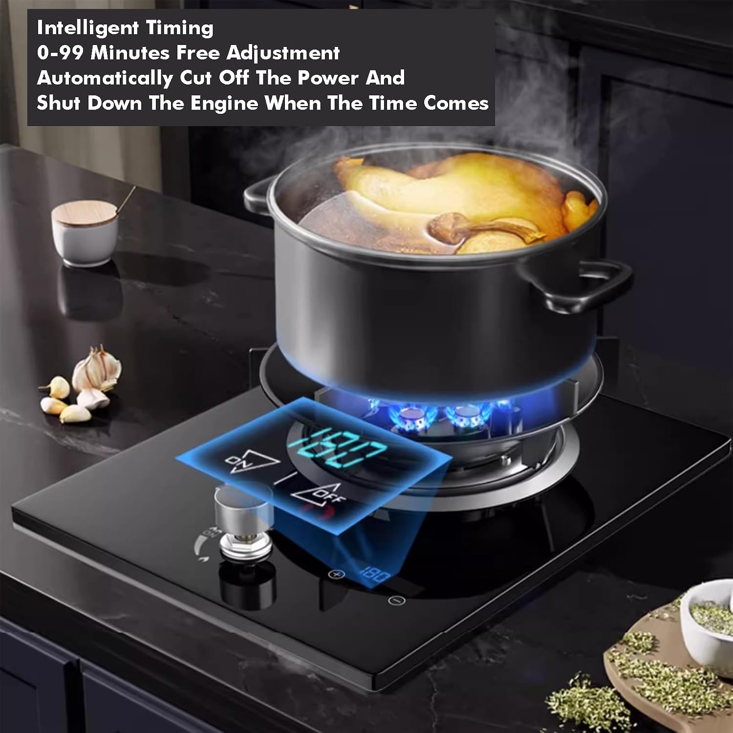 1 Burner Gas Hob,Stainless Steel Glass Top Wok Cooker,5.2kW High Power for Campervan,Kitchen and Outdoor Use with Timer and Flameout Protection(NG)