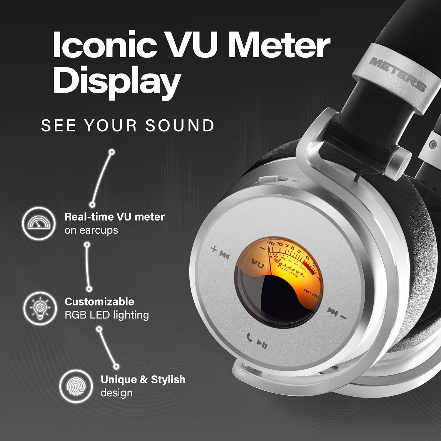 Meters OV-1-B-C Over-Ear Wireless Headphones with Active Noise Cancellation - Studio-Quality Sound with 16-Hour Playback & VU Display - Bluetooth 5.0, App-Controlled, 40mm Drivers (Black)