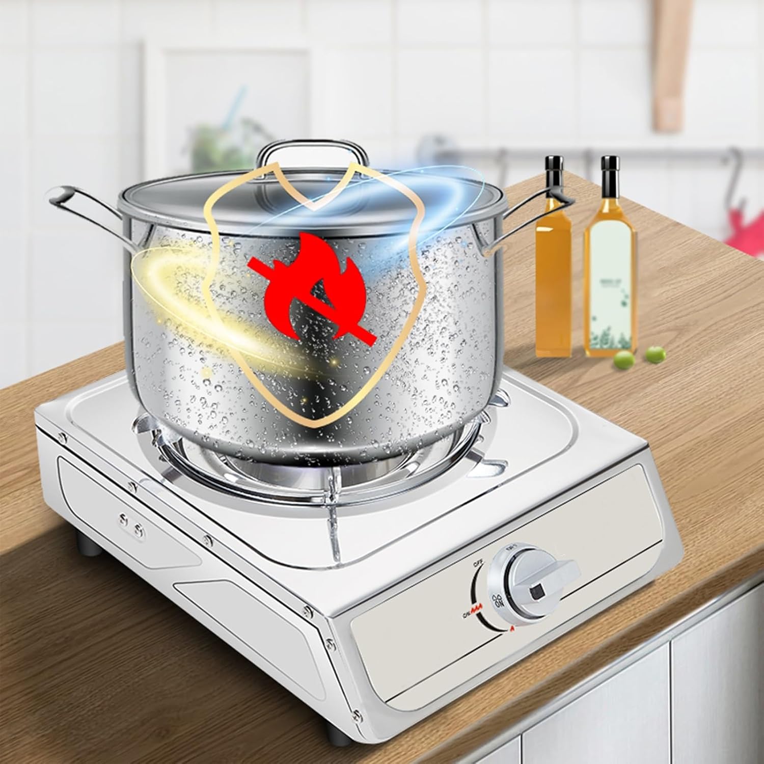 Single Burner Gas Stove,Energy-Gathering Direct-fire Bottled Liquefied Gas with Flameout Protection, Stainless Steel,Ideal for Kitchens,Apartments