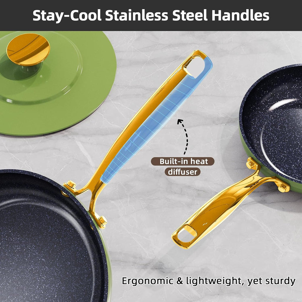 Nuwave Lux LE 13-Pc Cookware Set with Elegant Gold Handle, Diamond Infused Ceramic Non-Stick, PFAS Free, Premium Metal Lids, Ergonomic Stay-Cool Handles, Induction Ready & Compatible w/All Cooktops