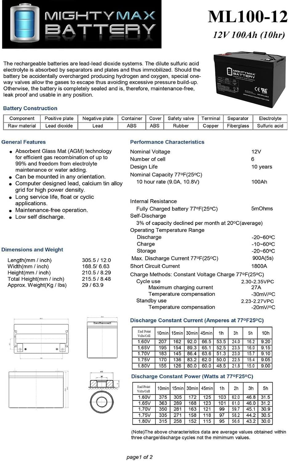 ML100-12 - 12 Volt 100 AH, Internal Thread (INT) Terminal, Rechargeable SLA AGM Battery, 1 Count (Pack of 1)