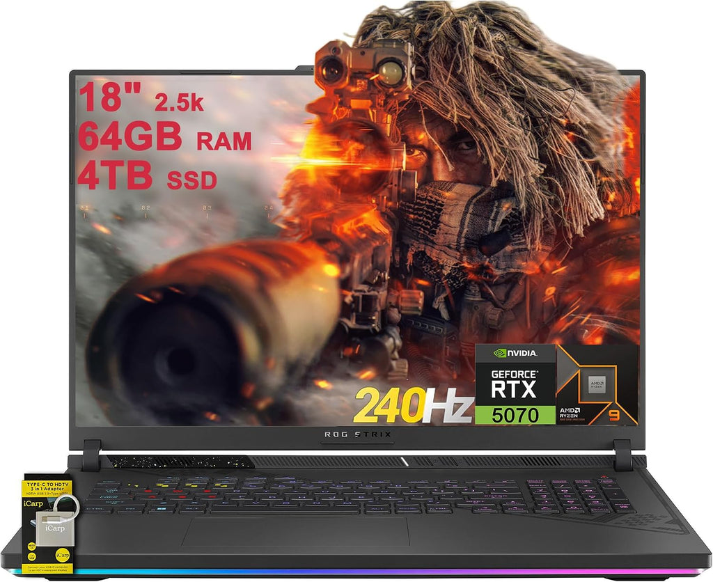 ASUS ROG Strix G18 G814 Gaming Laptop 18' 2.5k (2560x1600) 240Hz (100% DCI-P3, 3ms) AMD 16-core Ryzen 9 9955HX (>i9-14900HX) 64GB DDR5 4TB SSD GeForce RTX 5070 RGB Backlit WiFi6E Win11 ICP Hub