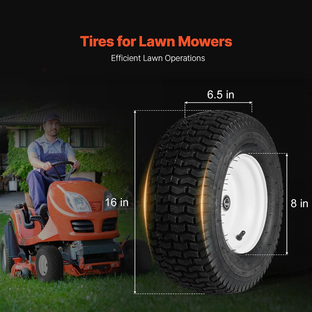 VEVOR Lawn Mower Tires, 16x6.5-8 in Tubeless Tractor Tires with Rim, 2 Pack Tire & Wheel, 3 in Offset Hub, Turf Pneumatic Tires, 3/4 in Bushing Size, 16 PCS Adapters for Riding Mower, Lawn Tractor